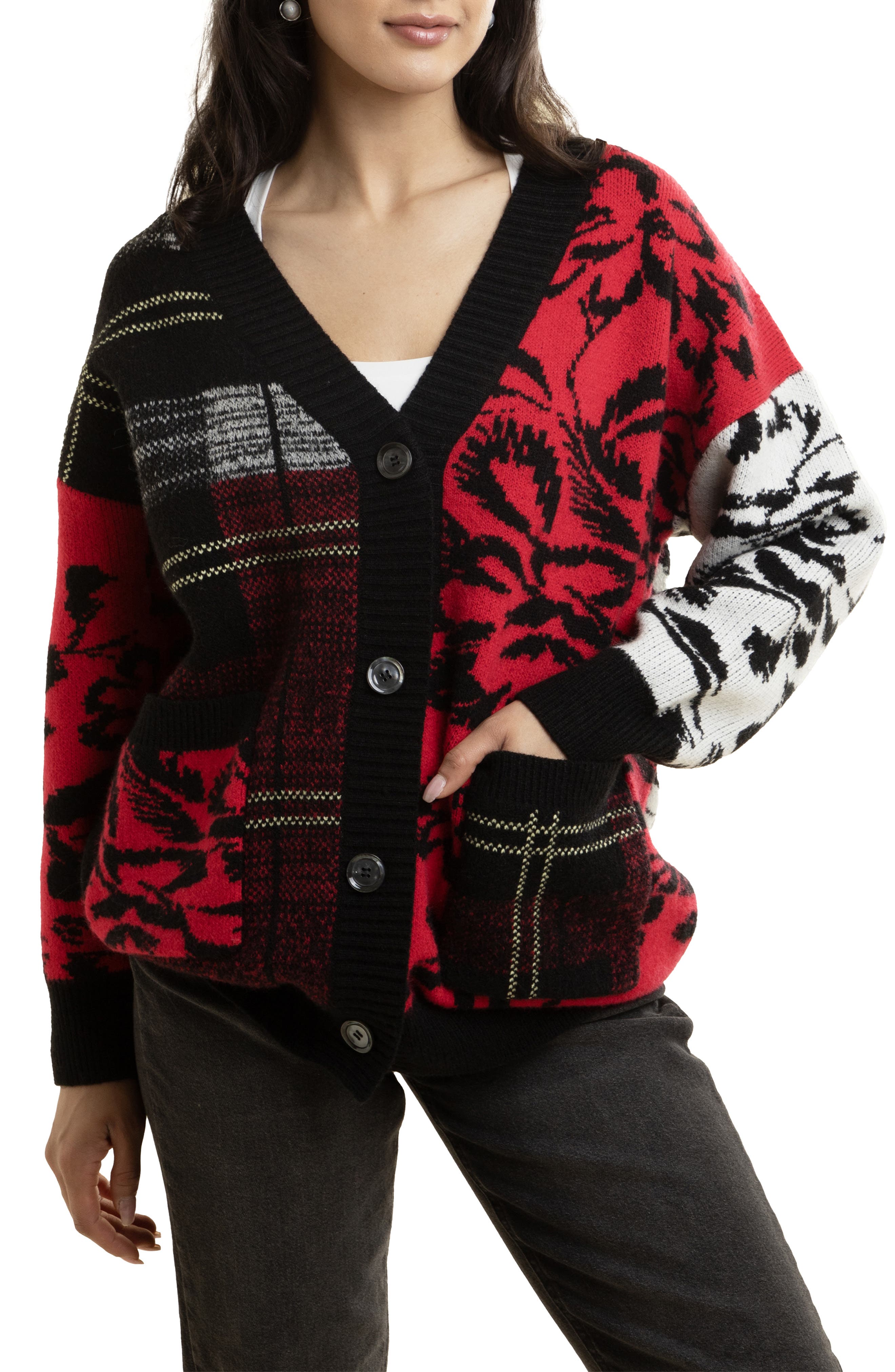 SAACHI Floral Plaid Colorblock Cardigan
