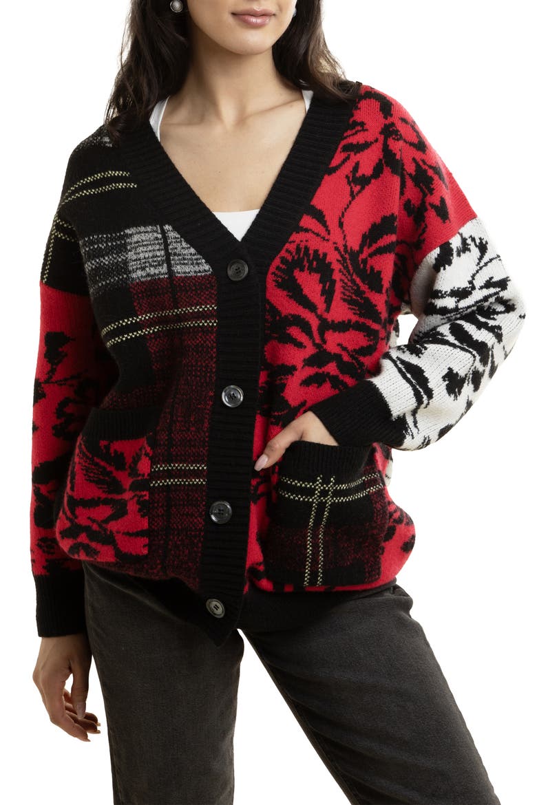 Floral Plaid Colorblock Cardigan, Main, color, BLACK