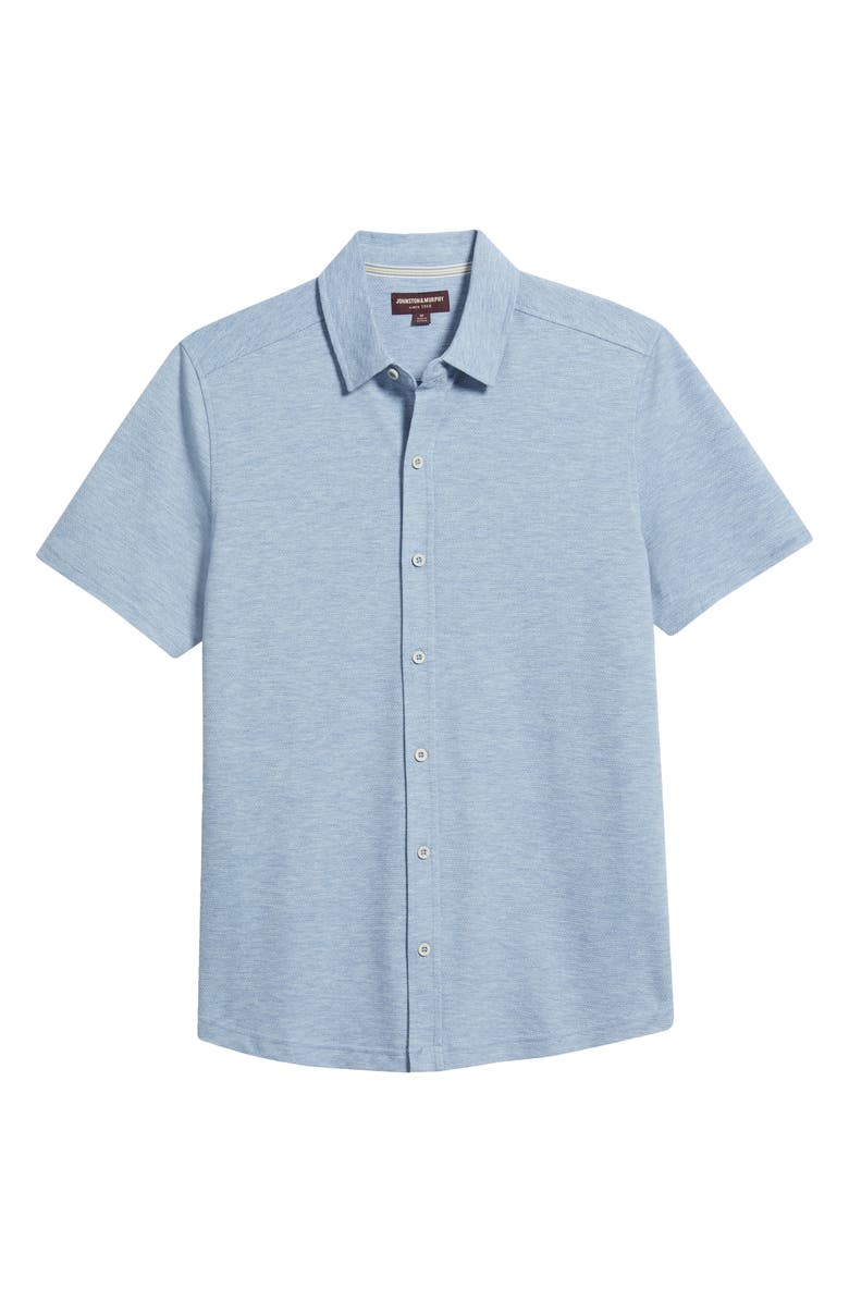 Johnston & Murphy Bennett Short Sleeve Heathered Cotton Blend Button-Up Shirt, Main, color, Light Blue Honeycomb