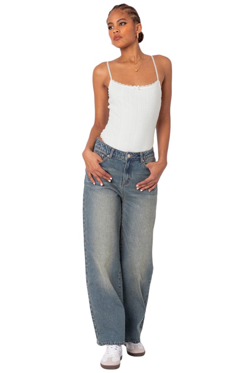 EDIKTED Krysten Pointelle Lace Trim Bodysuit, Alternate, color, White