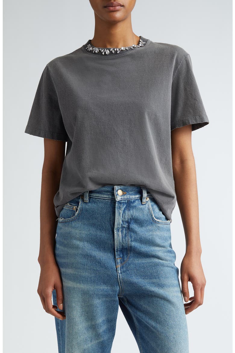 Crystal Embellished Distressed Cotton T-Shirt, Main, color, ANTHRACITE