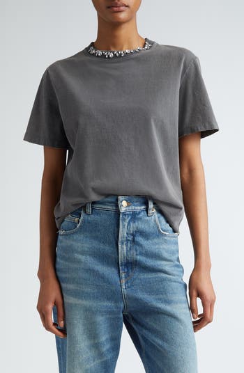 【GOLDEN 】CRYSTAL-EMBELLISHED COTTON T-SHIRT Golden Goose Crystal Embellished Distressed Cotton T-Shirt