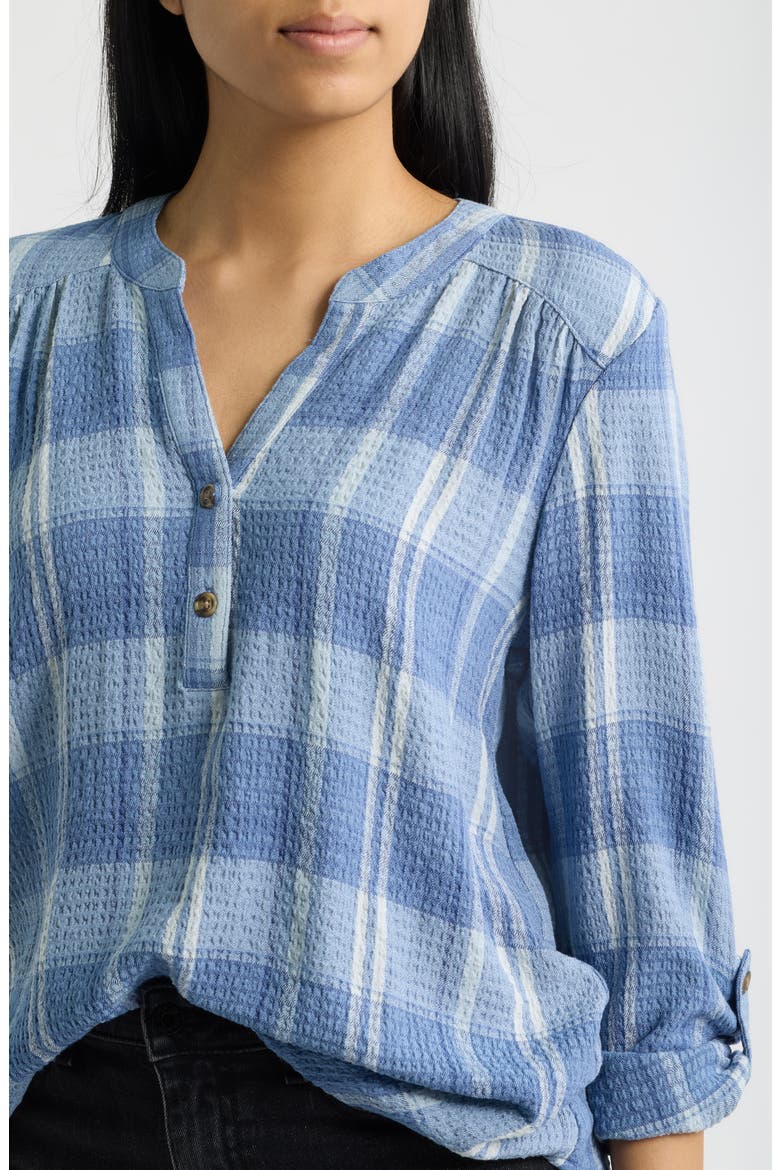 Roll Sleeve Plaid Top, Alternate, color, DENIM PLAID