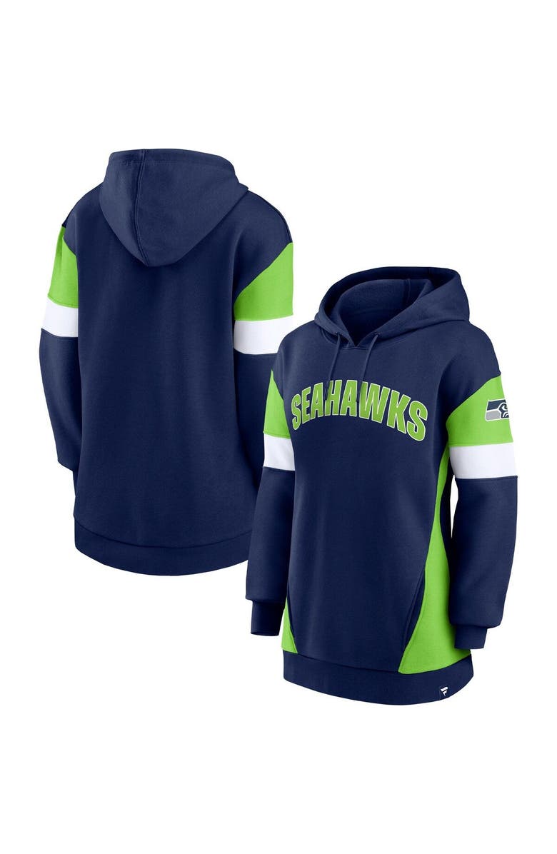 FANATICS Women's Fanatics Branded College Navy/Neon Green Seattle Seahawks Lock It Down Pullover Hoodie, Main, color, Navy