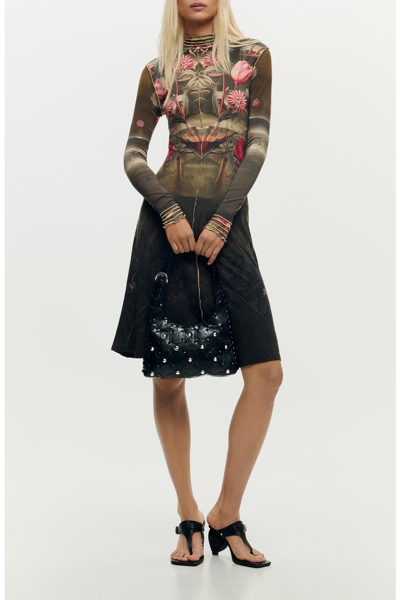 Floral Print Long Sleeve Minidress, Main, color, BLACK