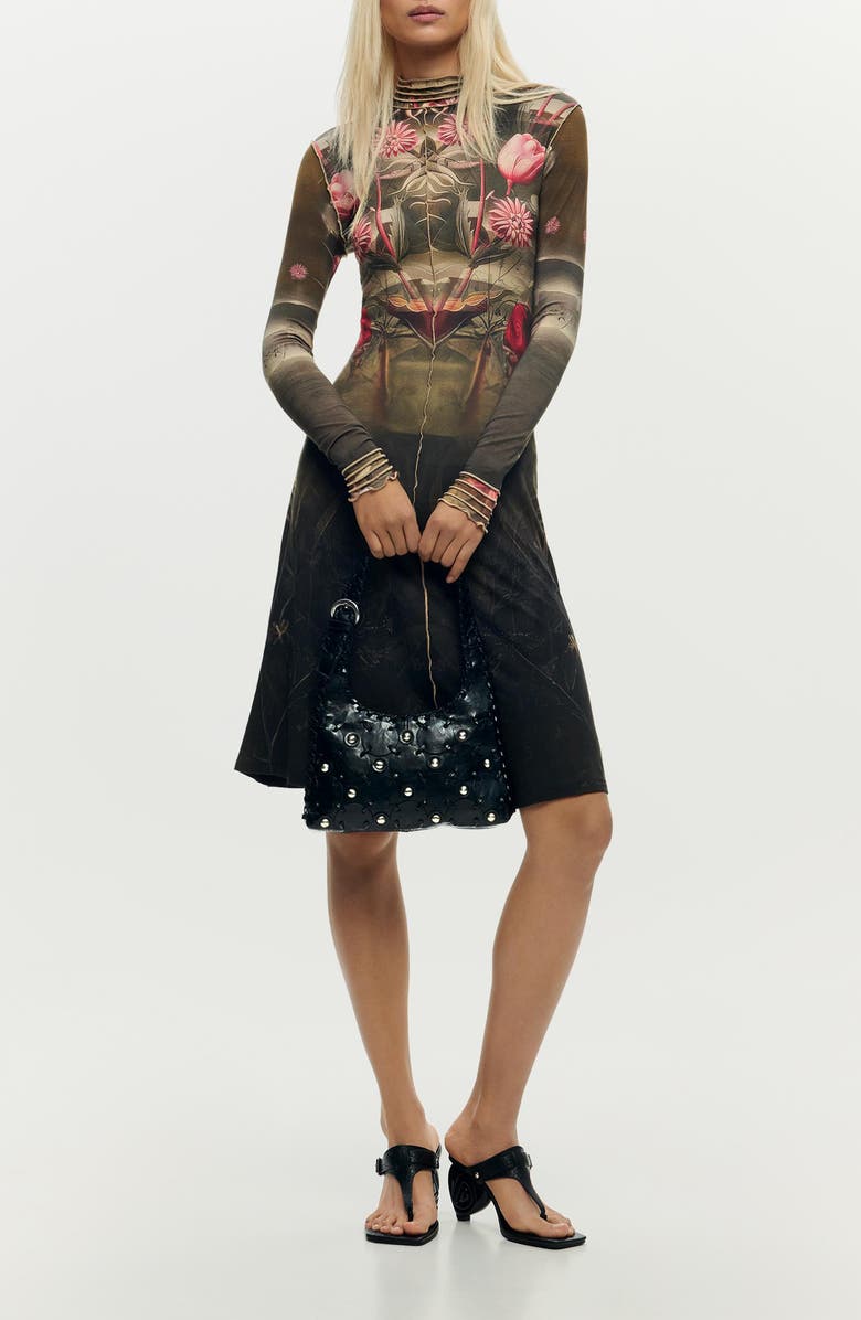 Desigual Floral Print Long Sleeve Minidress, Main, color, Black