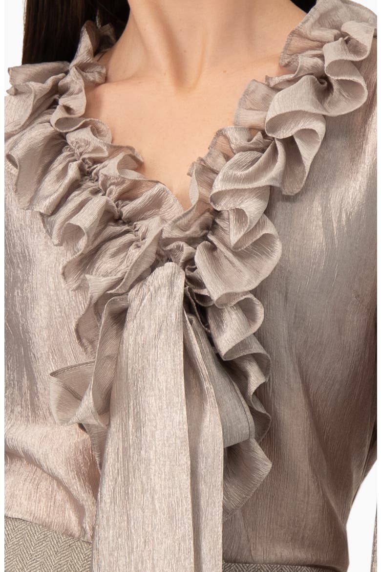 Ruffled V-neck Blouse With Lace-up Detail, Alternate, color, Beige