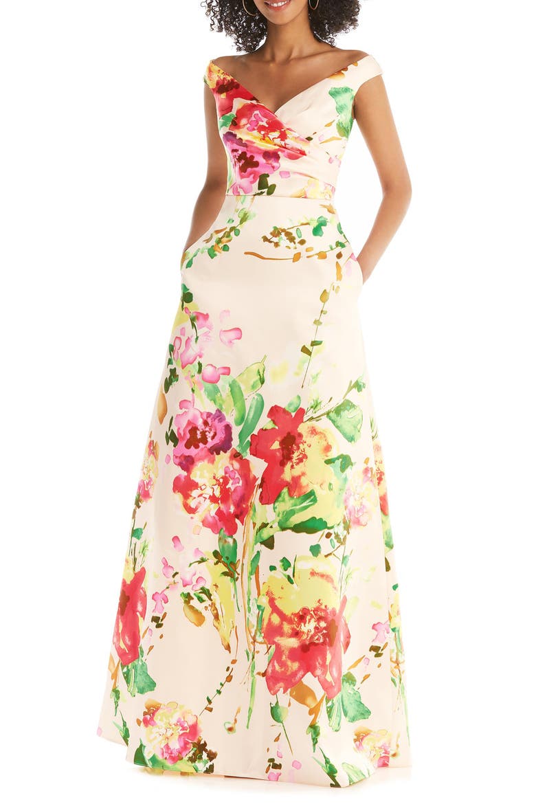 Floral Off the Shoulder Gown, Main, color, BLUSH BOUQUET