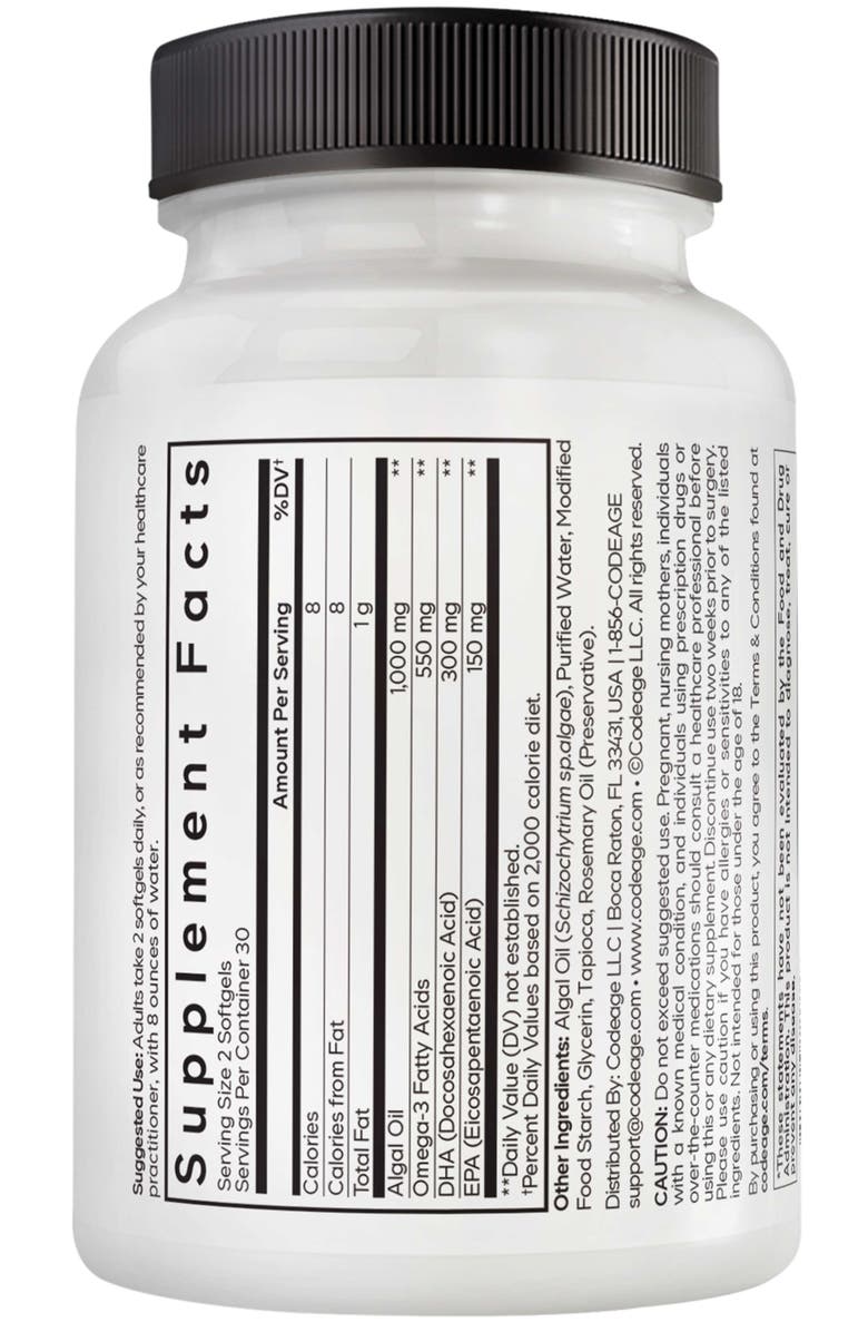 Codeage Algal Oil, 1000mg, Vegan Omega-3 Fatty Acids, DHA & EPA, Plant-Based Supplement, Alternate, color, White