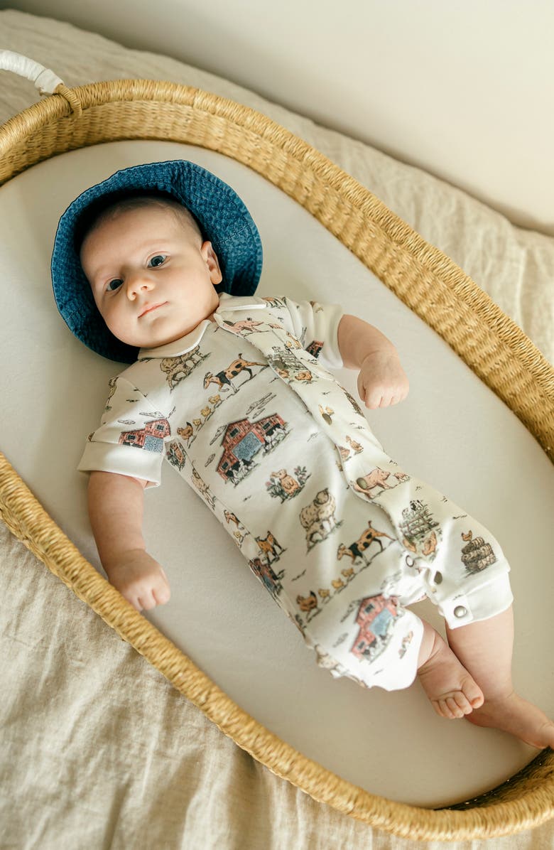 L'ovedbaby Print Organic Cotton Romper, Alternate, color, Farm Friends