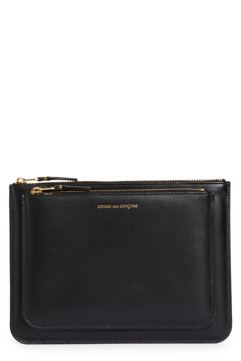 Outside Pocket Leather Zip Pouch, Main, color, BLACK
