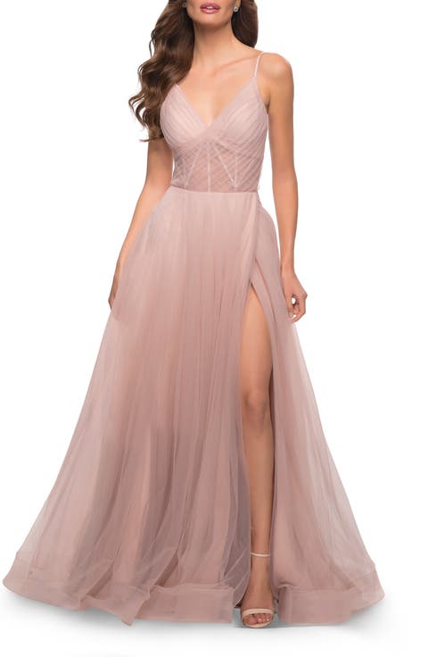 A Line Tulle Prom Dress with Sheer Bodice