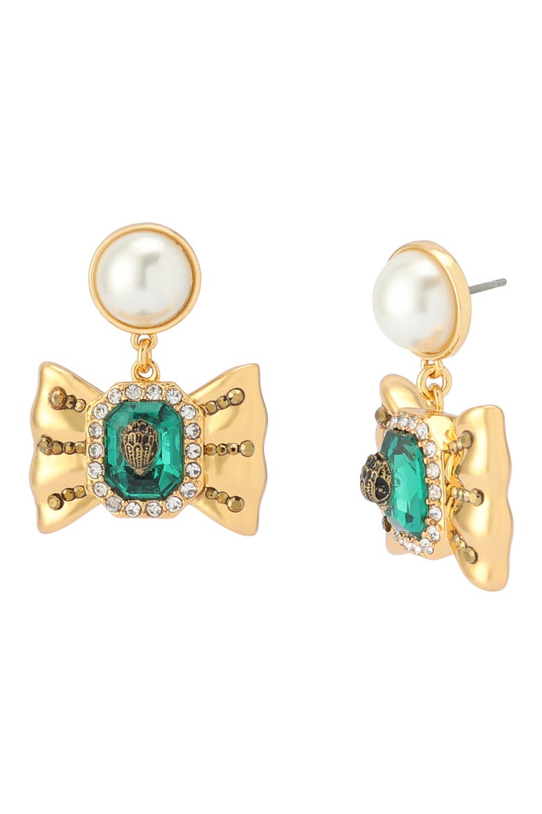 Faux Pearl Bow Drop Earrings, Main, color, GOLD/ GREEN