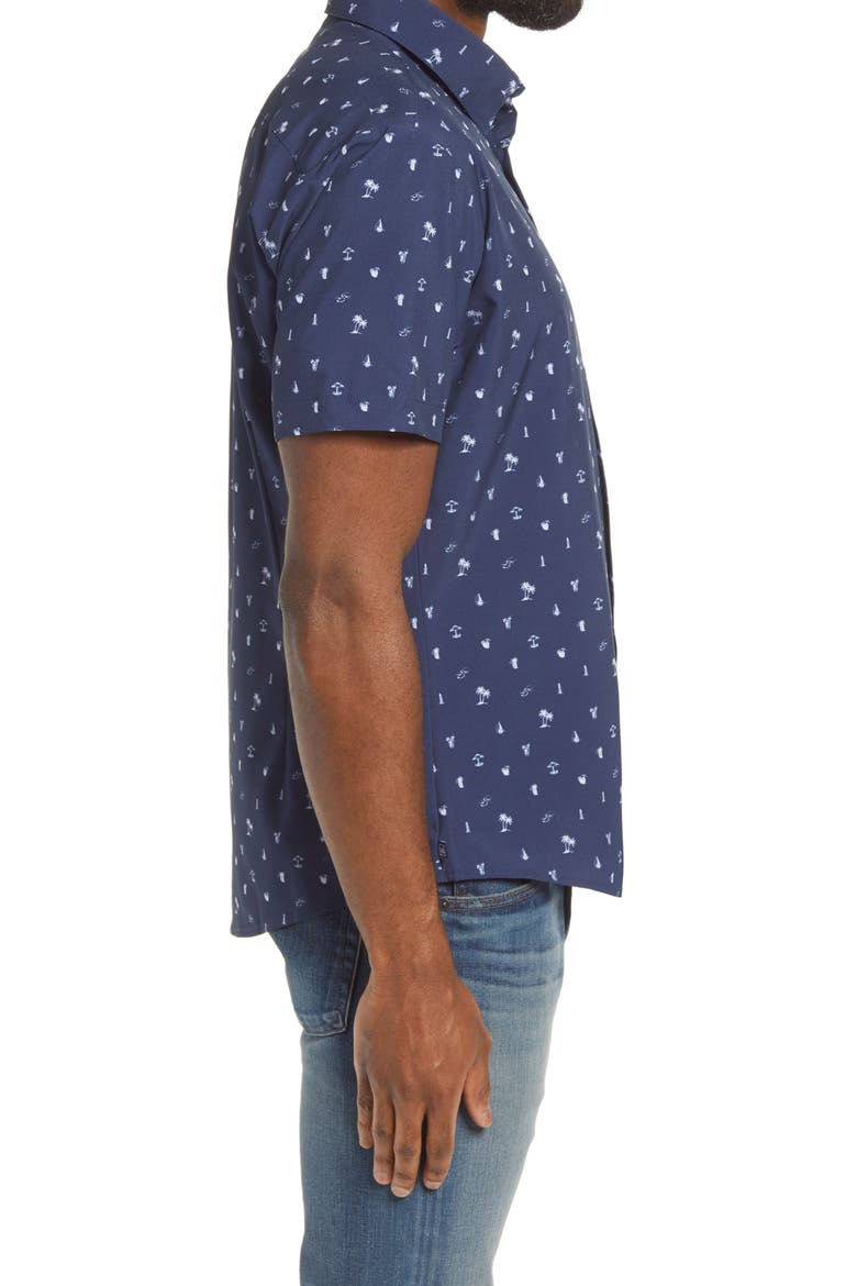 Leeward Trim Fit Short Sleeve Button-Up Performance Shirt, Alternate, color, NAVY WHITE BEACH PRINT