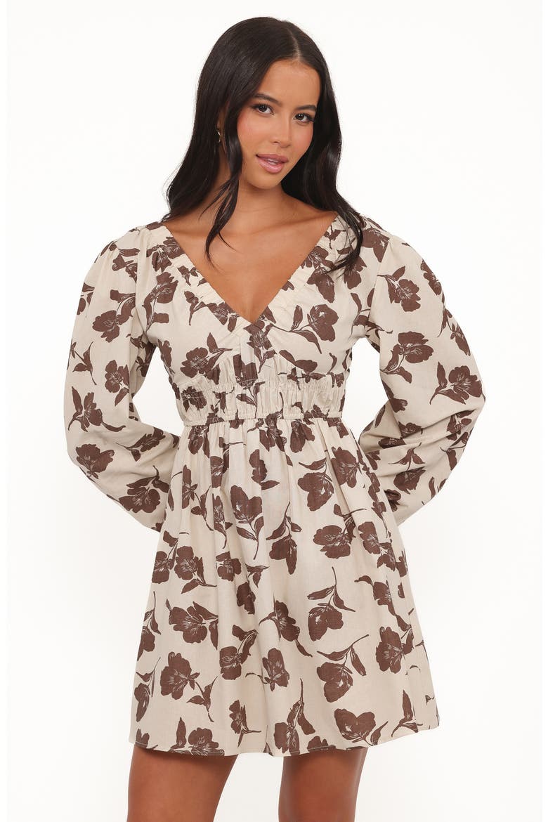 Cambria Floral Print Long Sleeve Cotton & Linen Minidress, Alternate, color, BROWN/ WHITE
