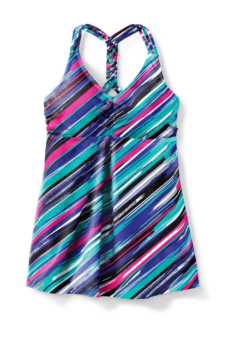 Longer-Length Ruched V-Neck Braided Racerback Tankini Top, Alternate, color, BERRY TURQ STRIPE
