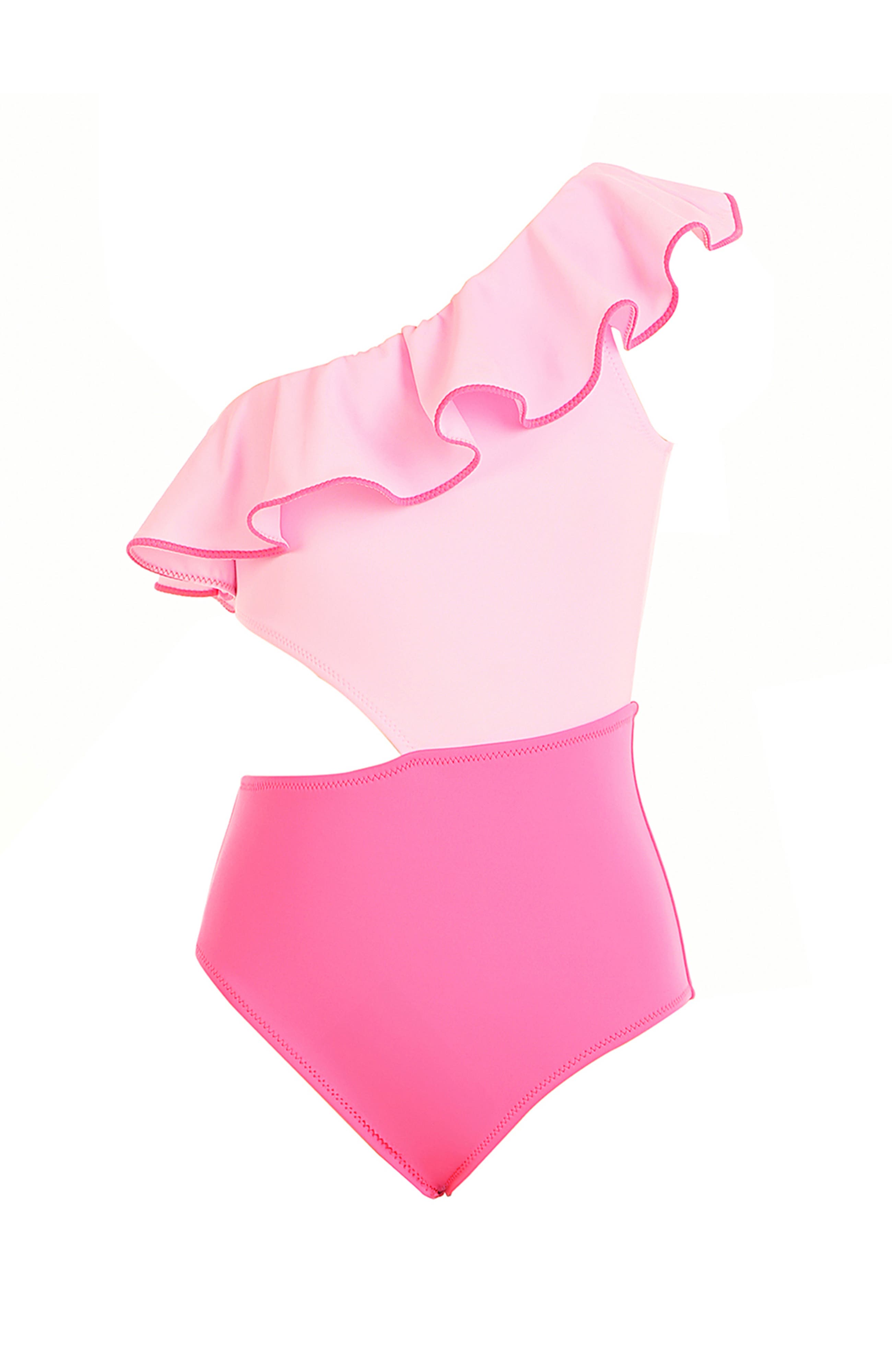 One-Shoulder Cutout Contrast-Trimmed Ruffle One-Piece Swimsuit