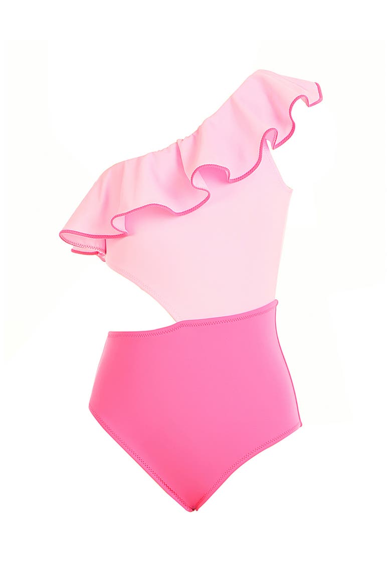 One-Shoulder Cutout Contrast-Trimmed Ruffle One-Piece Swimsuit, Main, color, Pink