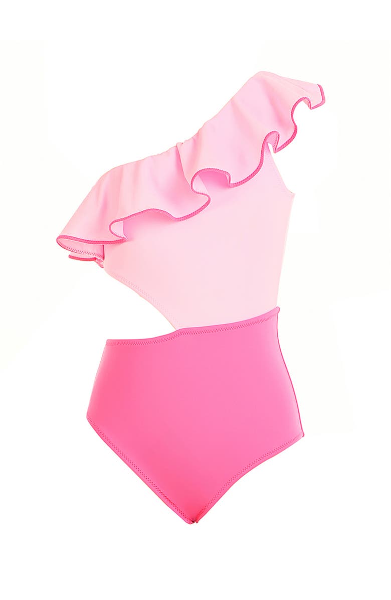 NESSI BYRD One-Shoulder Cutout Contrast-Trimmed Ruffle One-Piece Swimsuit, Main, color, Pink