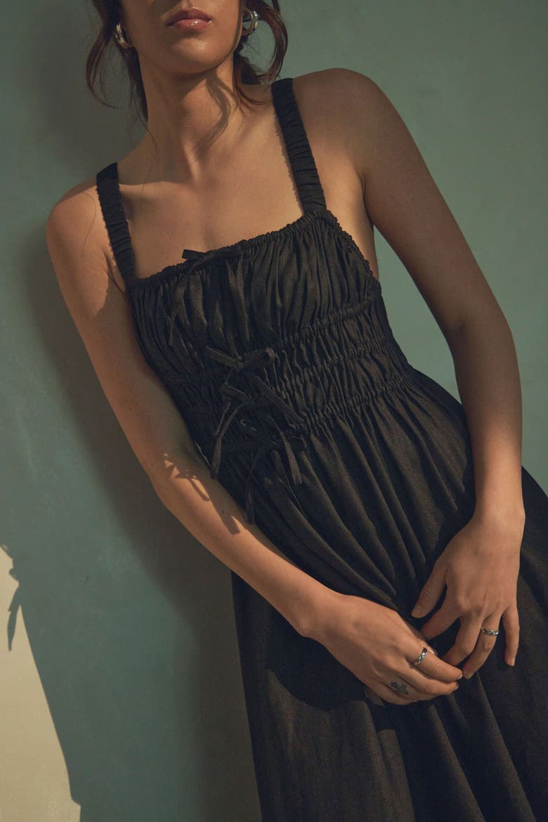 Amara Ruched Midi Linen Dress in Noir Black, Alternate, color, Noir Black