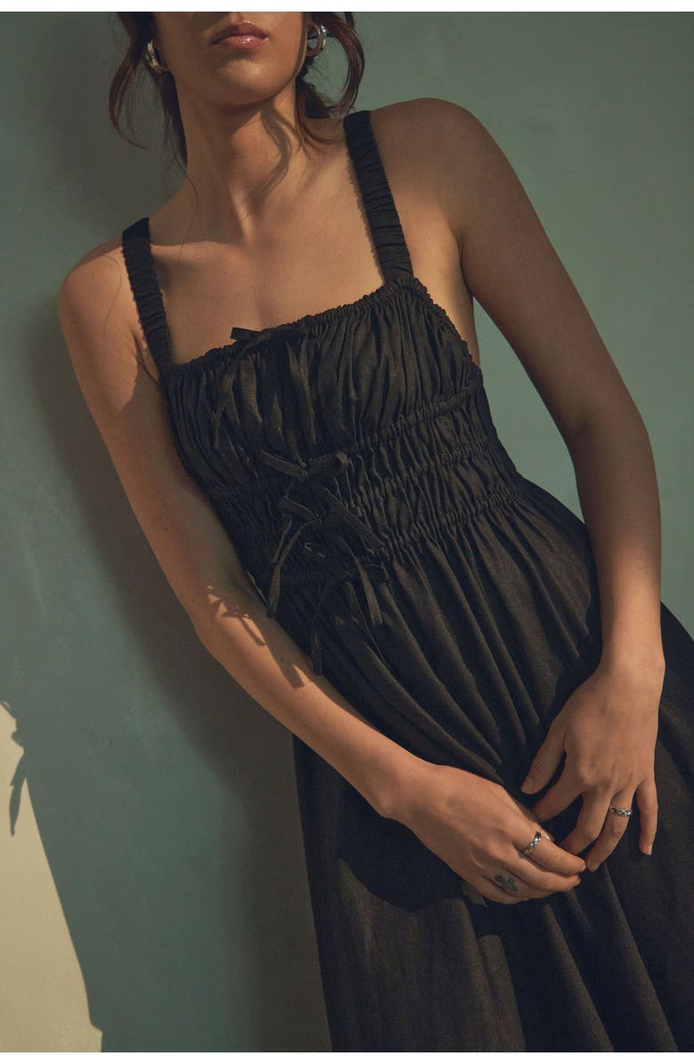 Vasiliki Amara Ruched Midi Linen Dress in Noir Black, Alternate, color, Noir Black