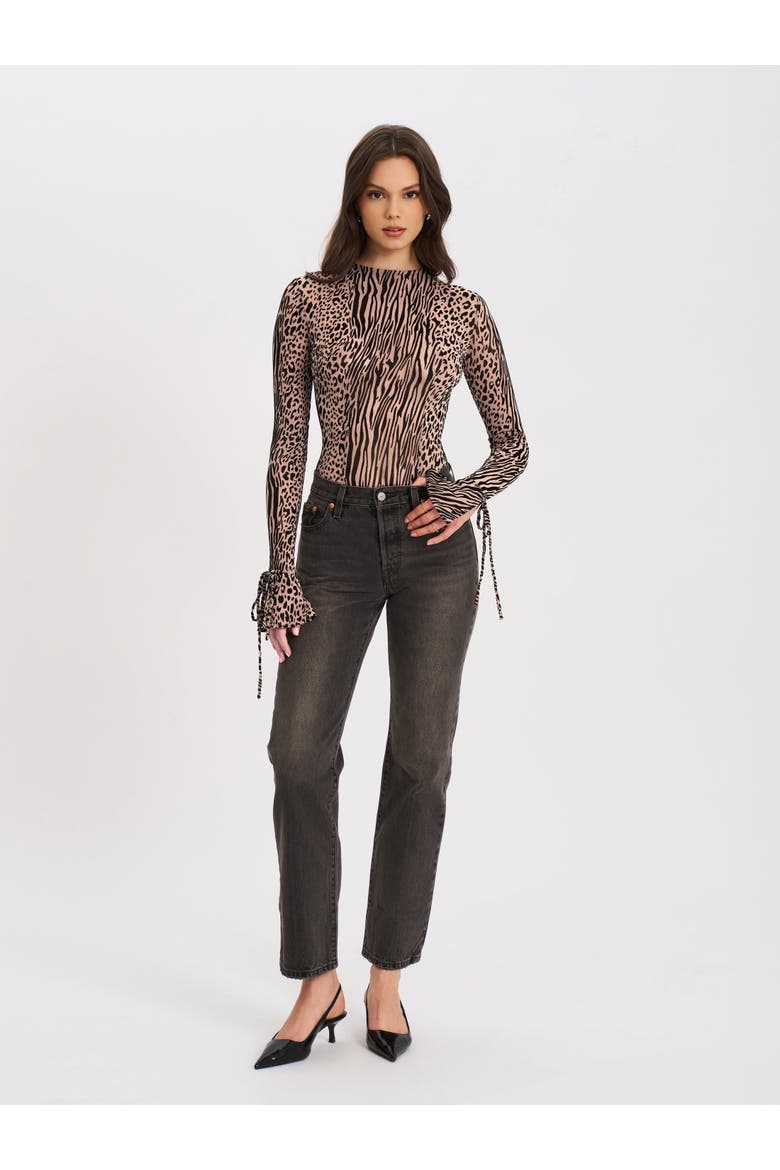 Ibera Animal Print Burnout Velvet Long Sleeve Bodysuit, Alternate, color, Brown