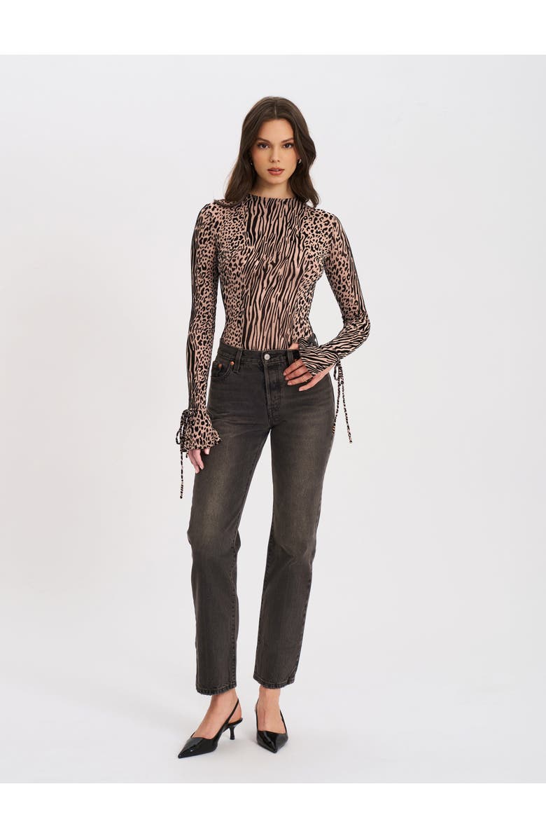 Miss Circle Ibera Animal Print Burnout Velvet Long Sleeve Bodysuit, Alternate, color, Brown