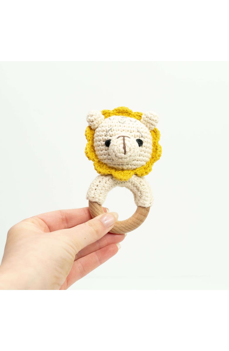 embé Baby Interactive Wooden Toy Rattle with Crochet Animal, Main, color, Lion