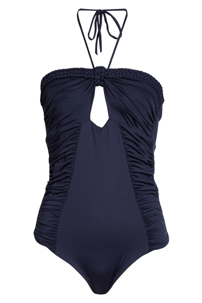 Ruched Halter One-Piece Swimsuit, Alternate, color, NAVY