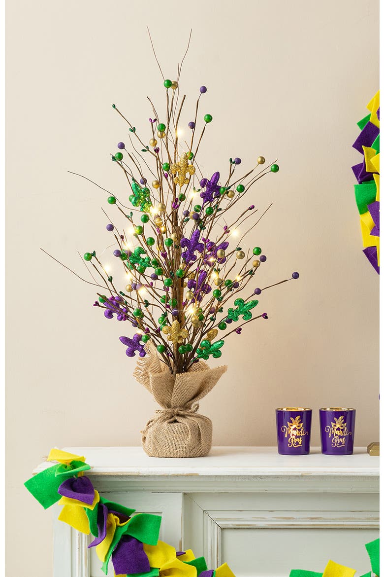 Mardi Gras Lighted Fleur-de-Lis & Berry Table Tree, Alternate, color, Purple