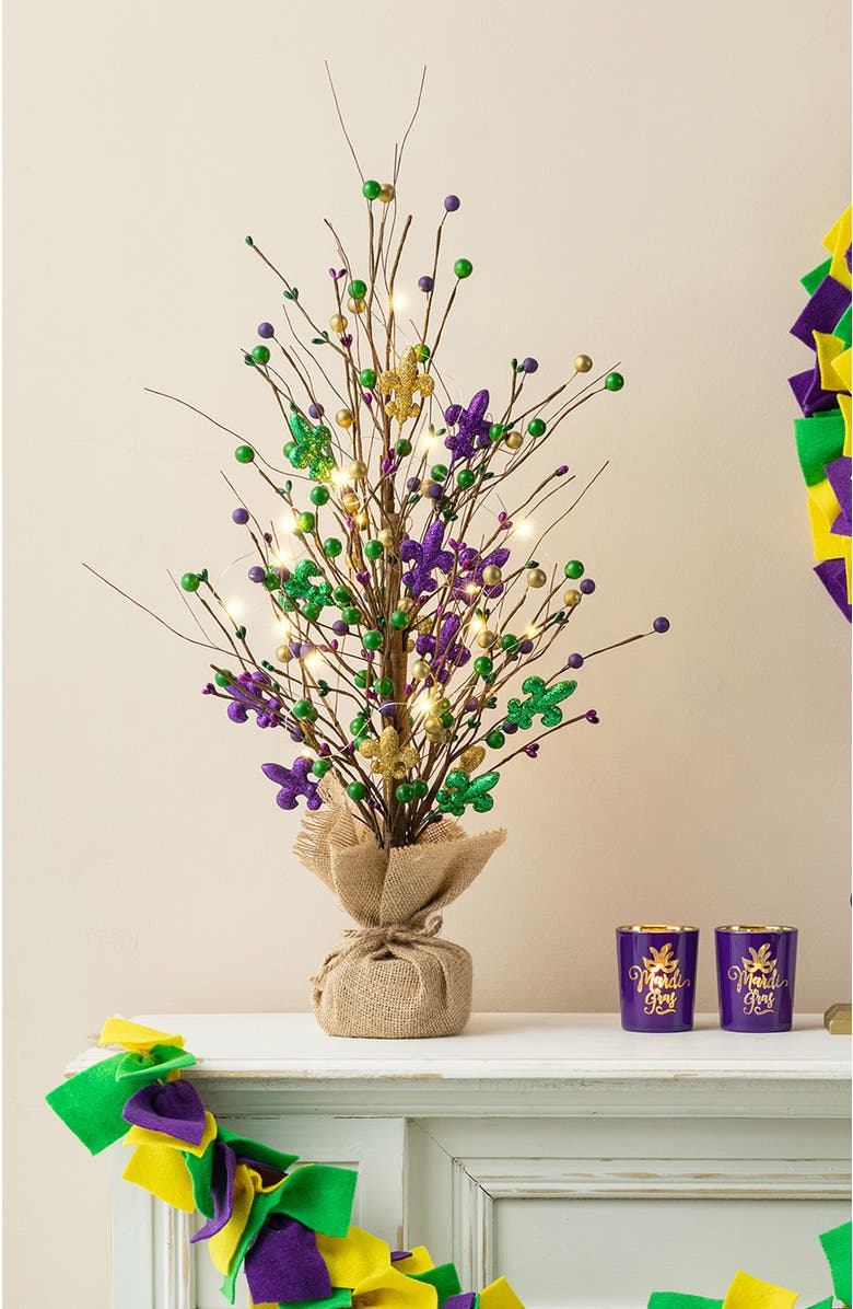 Glitzhome Mardi Gras Lighted Fleur-de-Lis & Berry Table Tree, Alternate, color, Purple