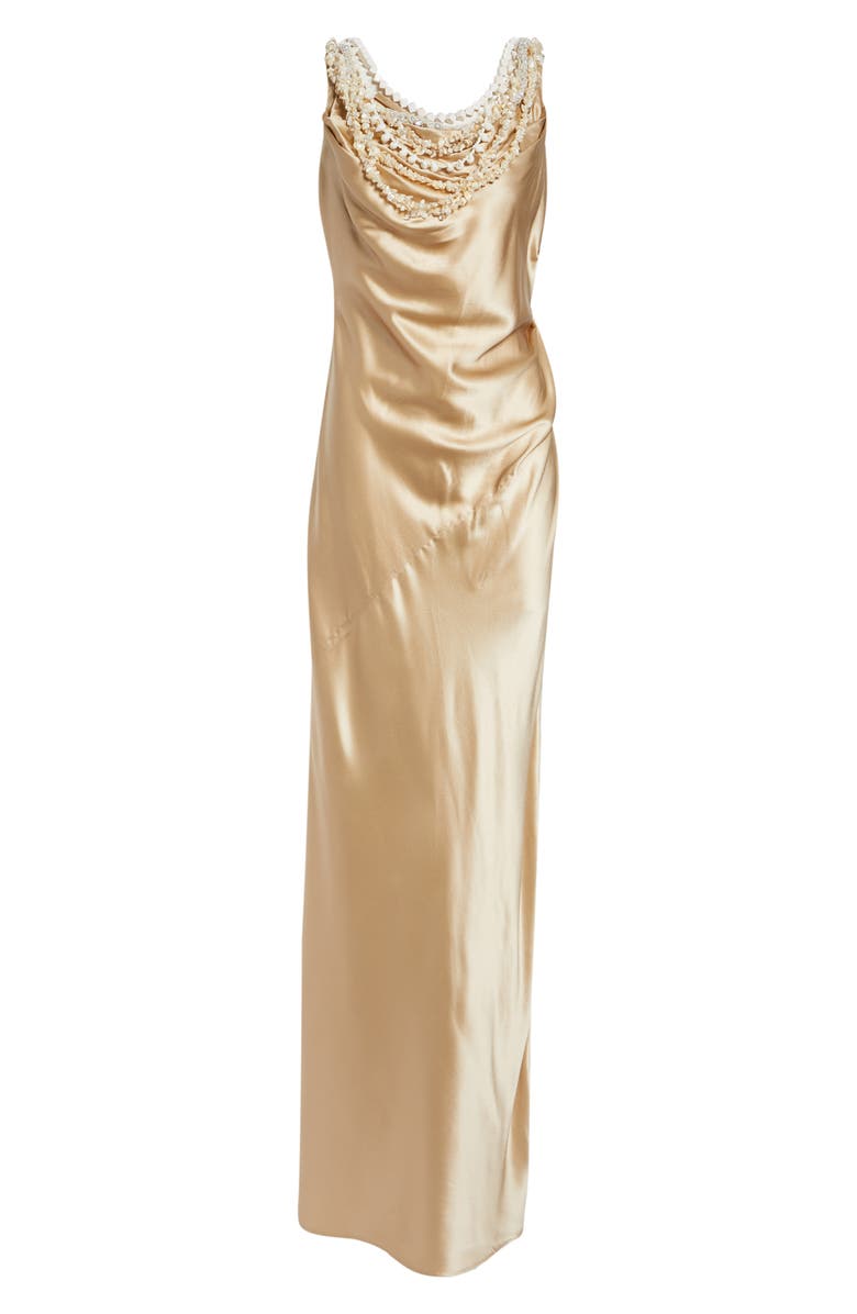 Balmain Shell Garland Draped Silk Gown, Main, color, Gold/ Beige