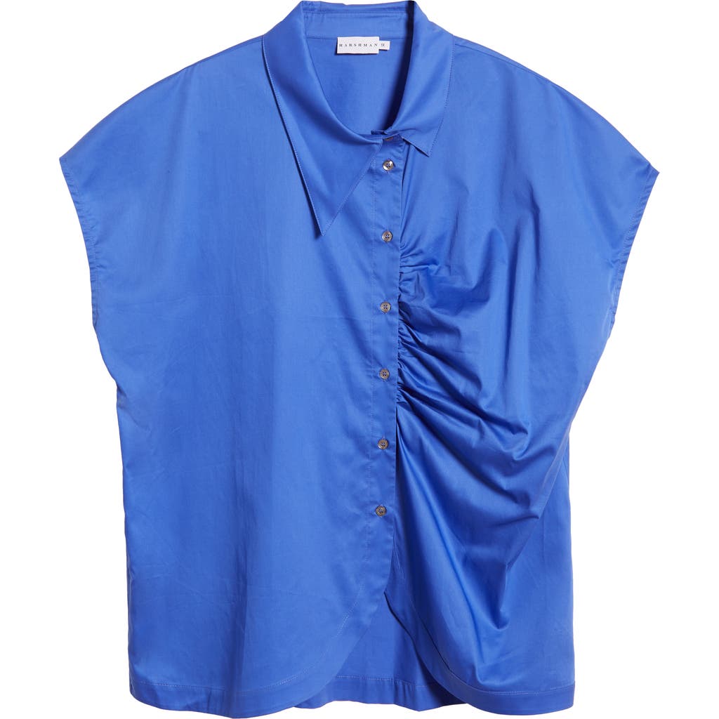 Harshman Lily Asymmetric Ruched Button-up Shirt In Royal Blue