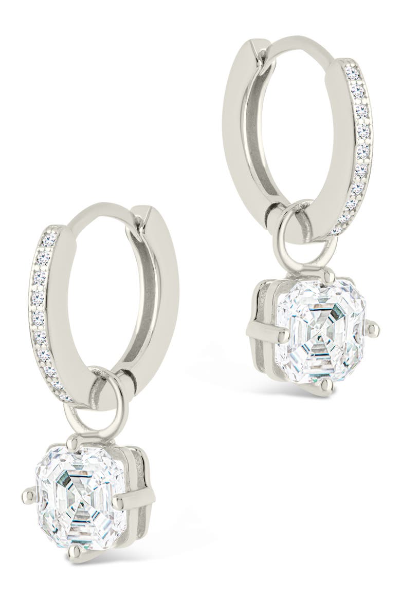 Augusta Asscher Cubic Zirconia Drop Hoop Earrings, Alternate, color, SILVER