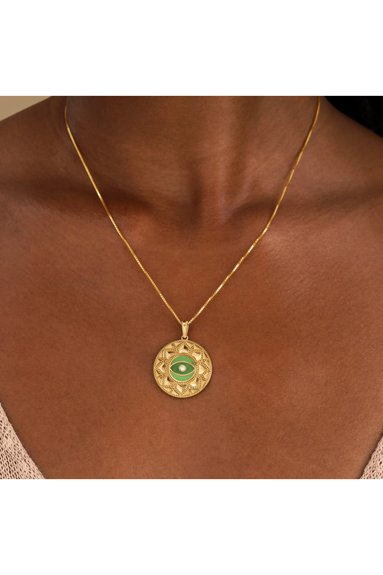Guardian Balance Jade Evil Eye Mandala Necklace, Alternate, color, Gold/Green