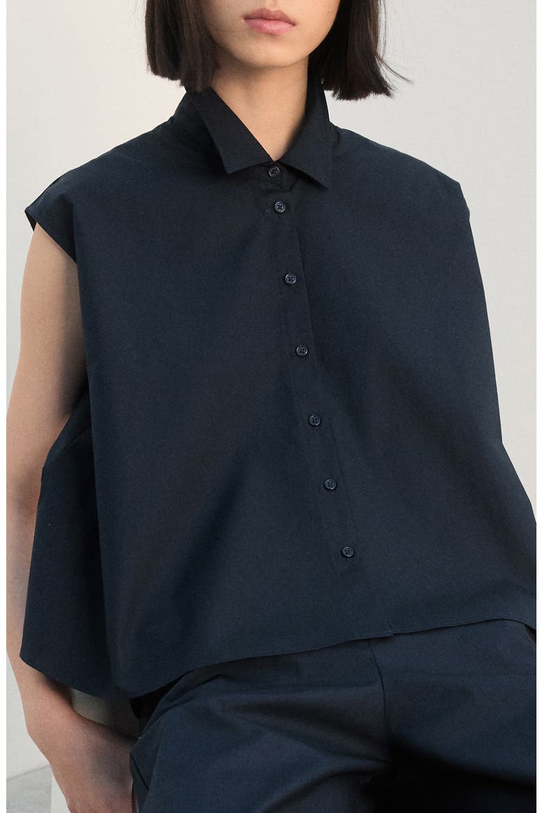 Sleeveless Cotton Button-Up Shirt, Main, color, NAVY