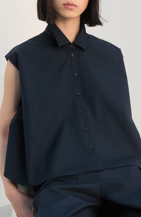 Sleeveless Cotton Button-Up Shirt