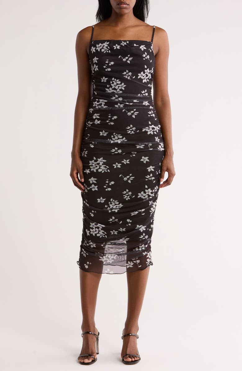 bebe Floral Shirred Mesh Slipdress, Main, color, Black/ Ivy