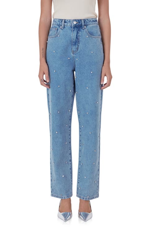 Crystal Embellished High Waist Rigid Straight Leg Jeans (Denim)