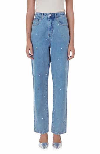 Endless Rose Crystal Embellished High Waist Rigid Straight Leg Jeans