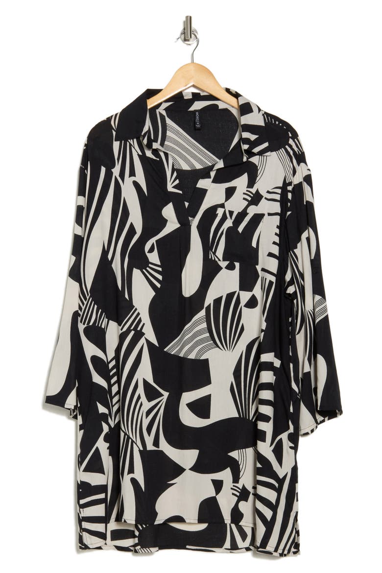 Print Long Sleeve Tunic Dress, Alternate, color, BLK/WHITE PRINT