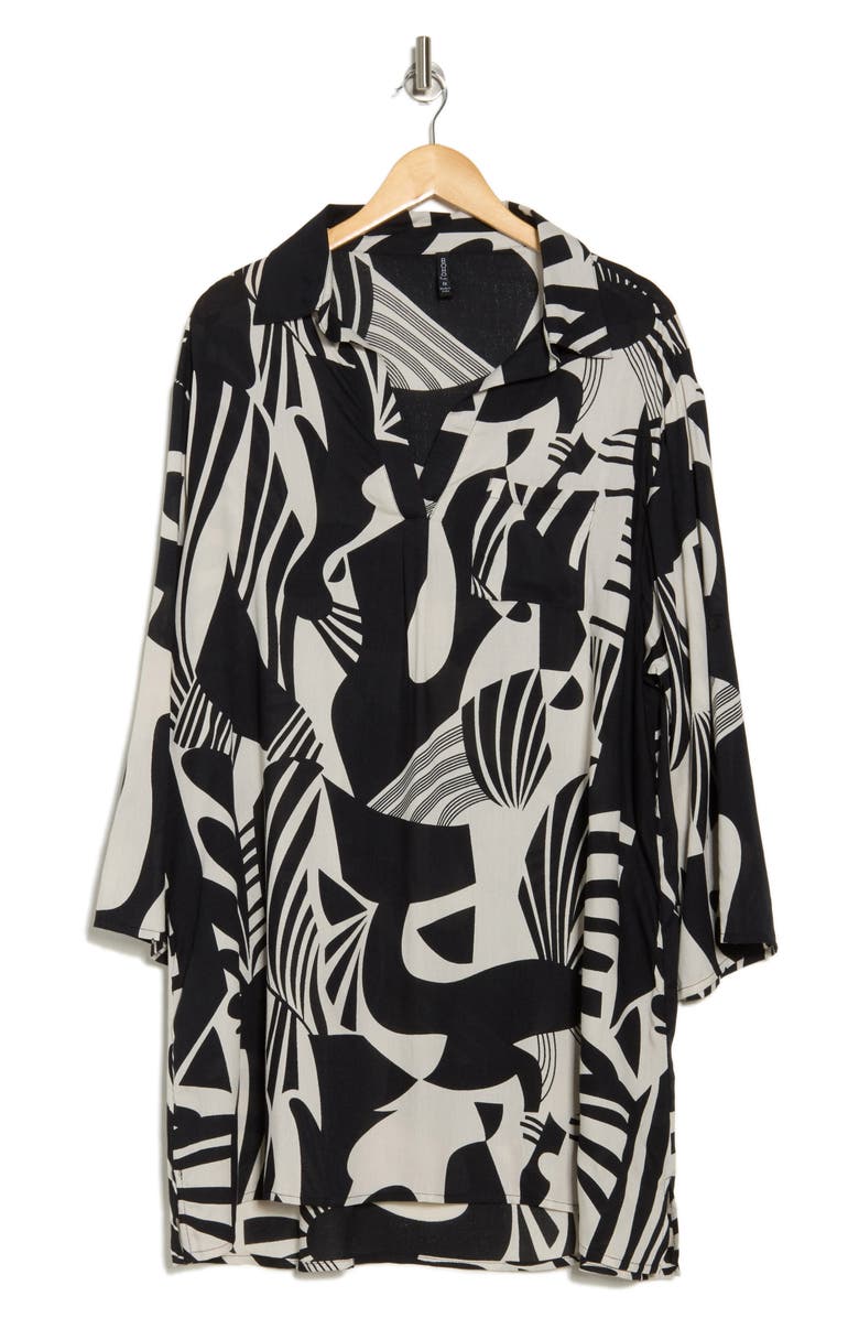 BOHO ME Print Long Sleeve Tunic Dress, Alternate, color, Blk/White Print