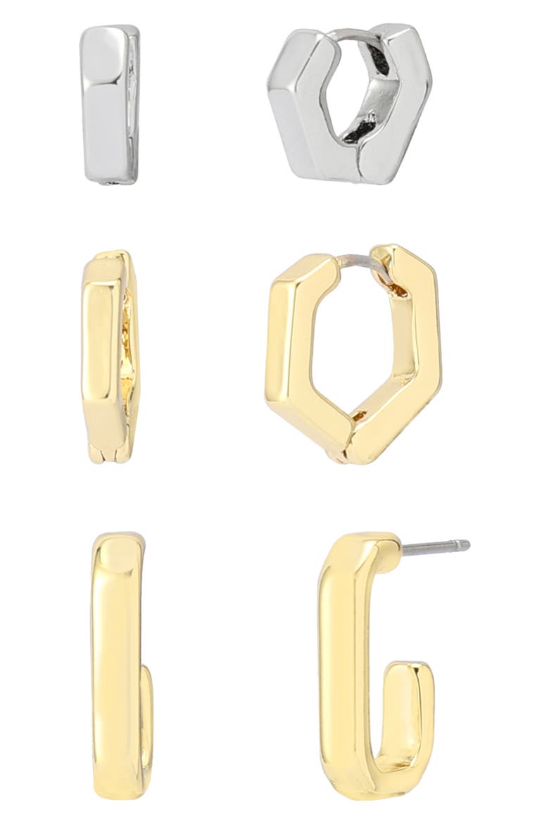 Set of 3 Two-Tone Geometric Huggie Hoop Earrings, Main, color, GOLD/ RHODIUM