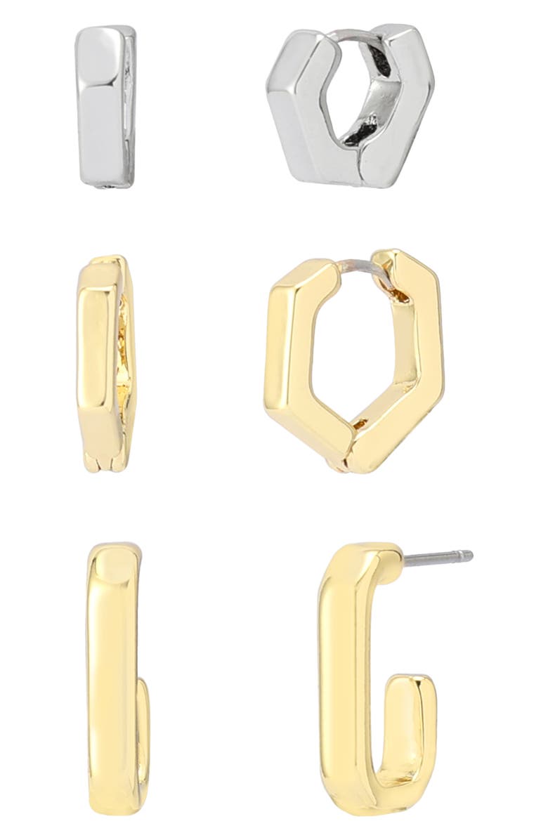 AllSaints Set of 3 Two-Tone Geometric Huggie Hoop Earrings, Main, color, Gold/ Rhodium