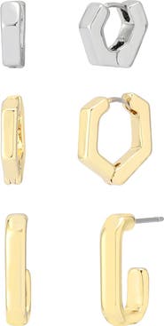 AllSaints Set of 3 Two-Tone Geometric Huggie Hoop Earrings