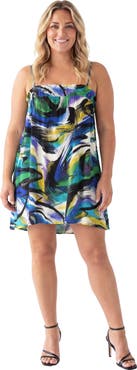 24seven Comfort Apparel Curvy Essential Abstract Print Spaghetti Strap Smocked A-Line Pocket Mini Dress