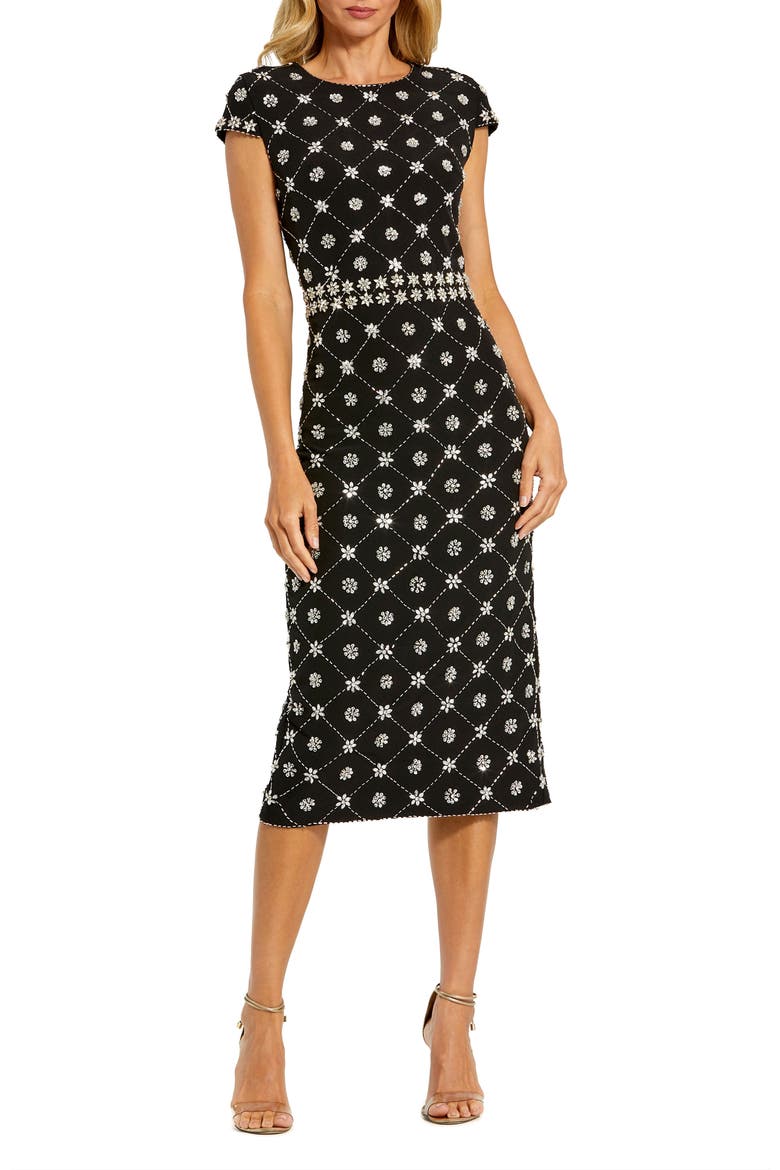 Beaded Short Sleeve Crew Neck Sheath Midi Dress, Main, color, Black