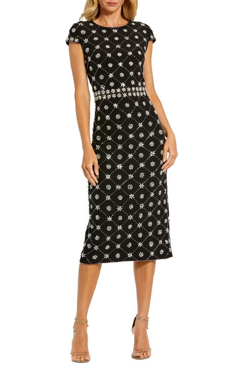 Women's Hand Embellished High Neck Cap Sleeve Midi Dress