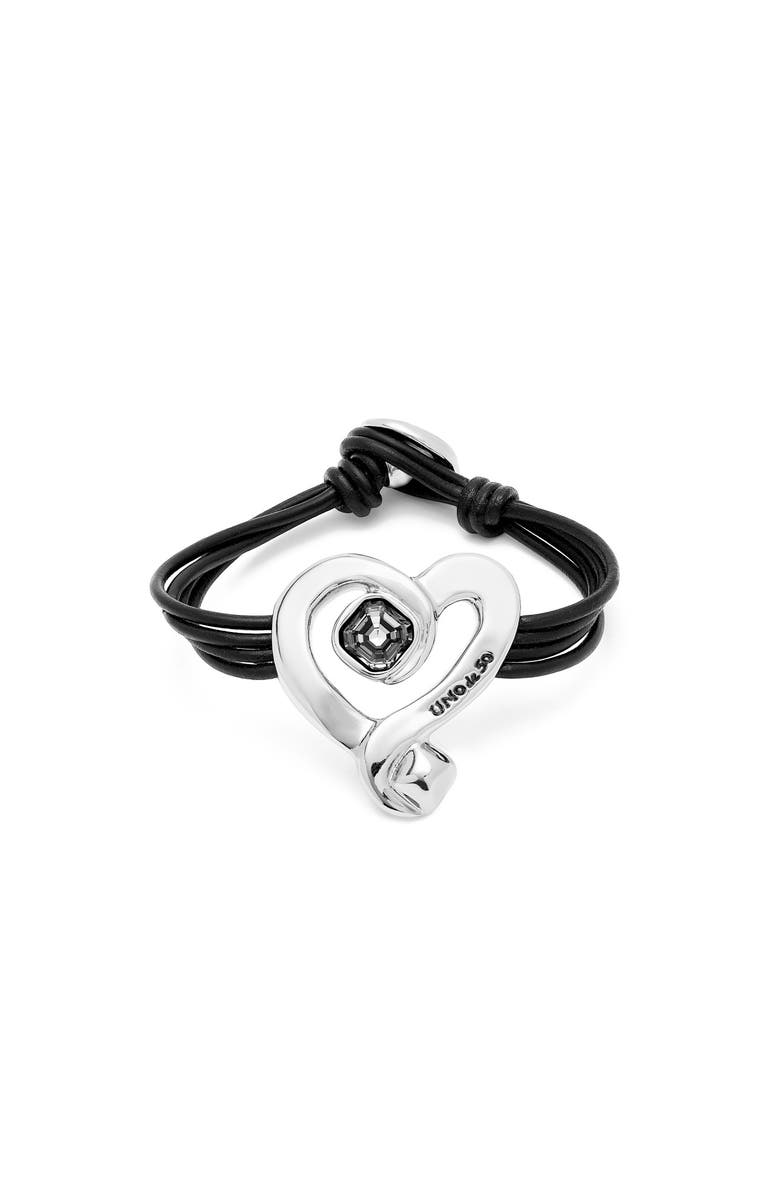 UNODE50 Black Crystal Heart Leather Bracelet, Main, color, Silver