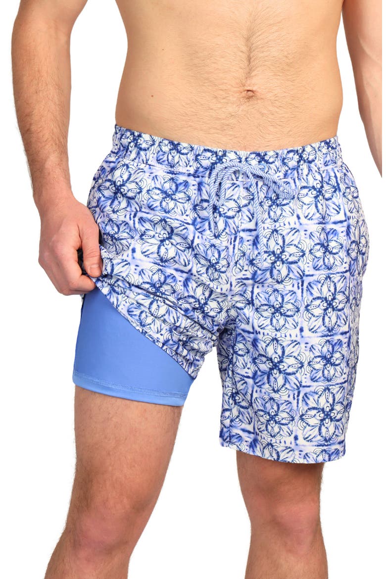Floral Medallion Print Swim Trunks, Alternate, color, BLUE